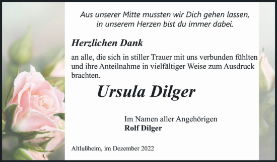 Traueranzeige von Ursula Dilger von Schwetzinger Zeitung