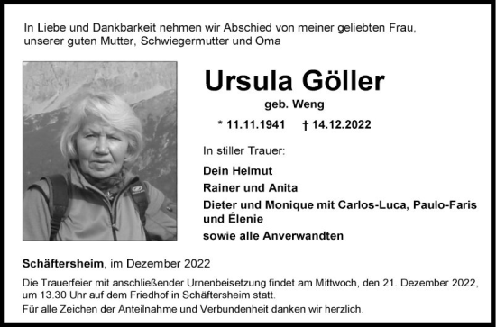 Traueranzeige von Ursula Göller von Fränkische Nachrichten