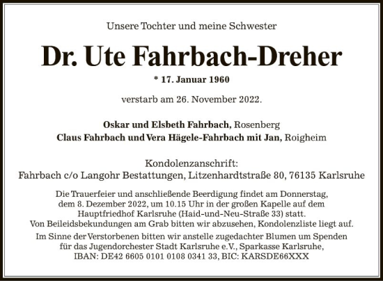 Traueranzeige von Ute Fahrbach-Dreher von Fränkische Nachrichten