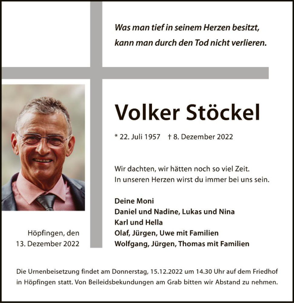  Traueranzeige für Volker Stöckel vom 13.12.2022 aus Fränkische Nachrichten