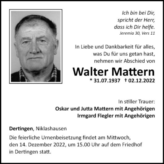 Traueranzeige von Walter Mattern von Fränkische Nachrichten