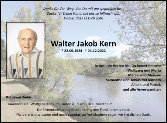 Traueranzeige von Walter Jakob Kern von Fränkische Nachrichten