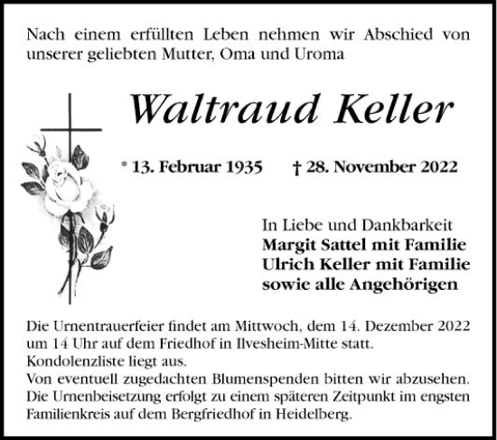 Traueranzeige von Waltraud Keller von Mannheimer Morgen