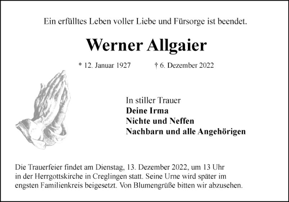  Traueranzeige für Werner Allgaier vom 10.12.2022 aus Fränkische Nachrichten