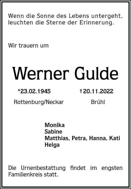 Traueranzeige von Werner Gulde von Mannheimer Morgen