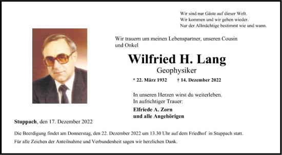 Traueranzeige von Wilfried H. Lang von Fränkische Nachrichten