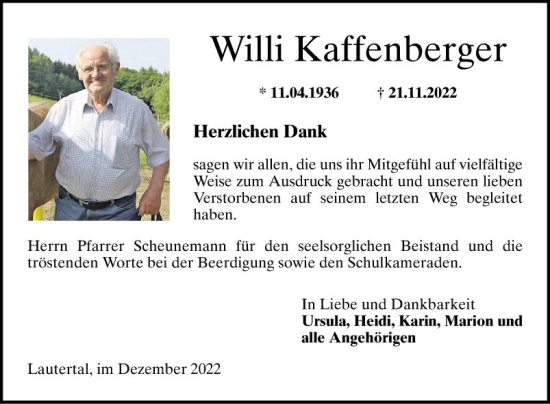 Traueranzeige von Willi Kaffenberger von Bergsträßer Anzeiger