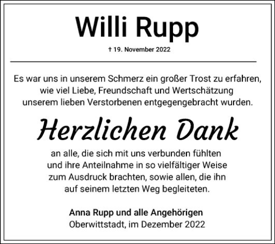 Traueranzeige von Willi Rupp von Fränkische Nachrichten