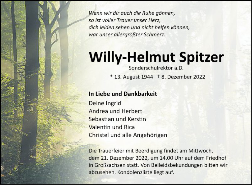  Traueranzeige für Willy-Helmut Spitzer vom 17.12.2022 aus Mannheimer Morgen