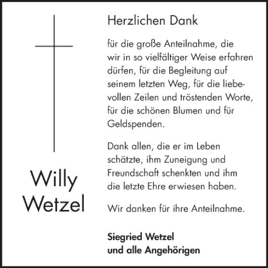 Traueranzeige von Willy Wetzel von Fränkische Nachrichten