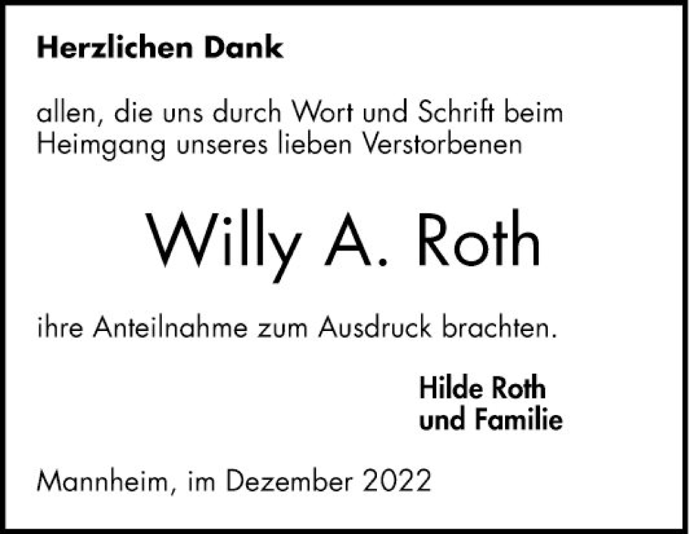  Traueranzeige für Willy A. Roth vom 10.12.2022 aus Mannheimer Morgen