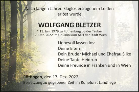 Traueranzeige von Wolfgang Bletzer von Fränkische Nachrichten