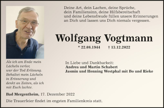 Traueranzeige von Wolfgang Vogtmann von Fränkische Nachrichten