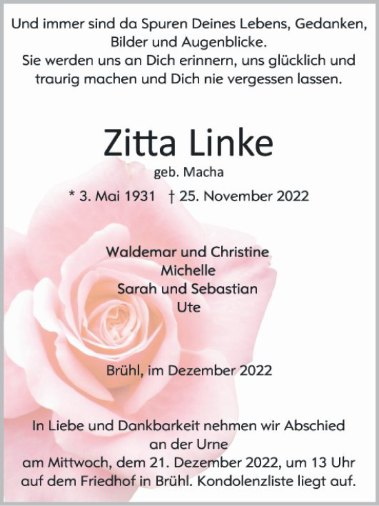 Traueranzeige von Zitta Linke von Schwetzinger Zeitung