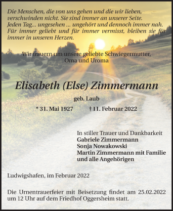 Traueranzeige von Elisabeth Zimmermann von Mannheimer Morgen