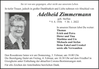 Traueranzeige von Adelheid Zimmermann von Fränkische Nachrichten