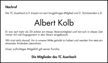 Traueranzeige von Albert Kolb von Bergsträßer Anzeiger