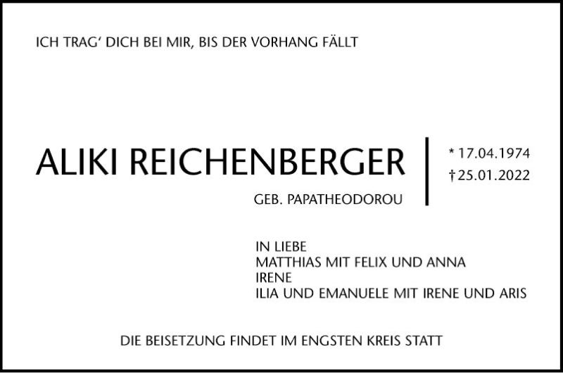  Traueranzeige für Aliki Reichenberger vom 12.02.2022 aus Mannheimer Morgen