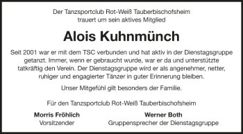 Traueranzeige von Alois Kuhnmünch von Fränkische Nachrichten