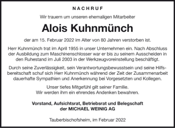 Traueranzeige von Alois Kuhnmünch von Fränkische Nachrichten