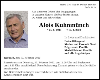 Traueranzeige von Alois Kuhnmünch von Fränkische Nachrichten