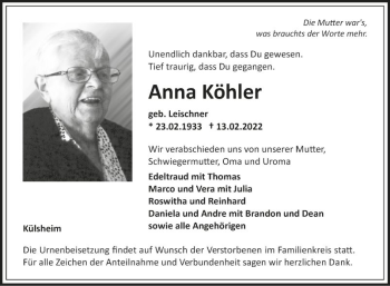 Traueranzeige von Anna Köhler von Fränkische Nachrichten