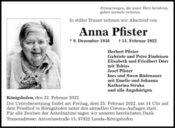 Traueranzeige von Anna Pfister von Fränkische Nachrichten
