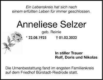 Traueranzeige von Anneliese Selzer von Mannheimer Morgen