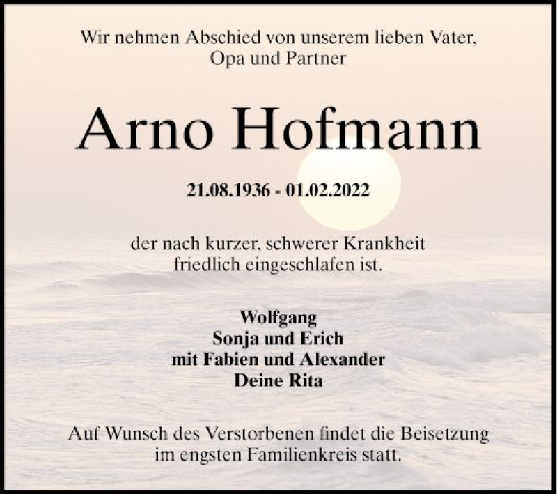  Traueranzeige für Arno Hofmann vom 12.02.2022 aus Mannheimer Morgen