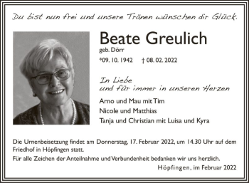 Traueranzeige von Beate Greulich von Fränkische Nachrichten