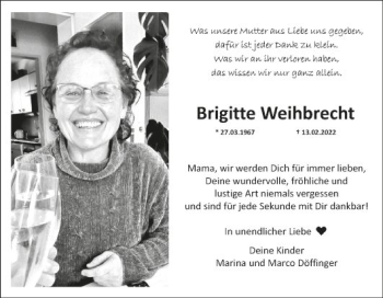 Traueranzeige von Brigitte Weihbrecht von Fränkische Nachrichten