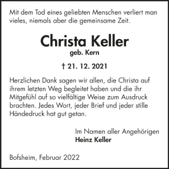 Traueranzeige von Christa Keller von Fränkische Nachrichten