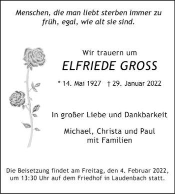 Traueranzeige von Elfriede Gross von Fränkische Nachrichten