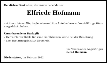 Traueranzeige von Elfriede Hofmann von Fränkische Nachrichten