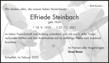 Traueranzeige von Elfriede Steinbach von Fränkische Nachrichten