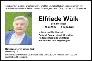 Traueranzeige von Elfriede Wülk von Fränkische Nachrichten