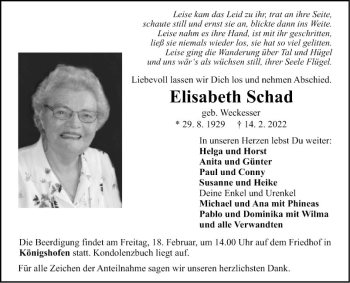 Traueranzeige von Elisabeth Schad von Fränkische Nachrichten