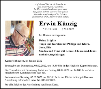 Traueranzeige von Erwin Künzig von Fränkische Nachrichten