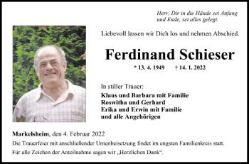 Traueranzeige von Ferdinand Schieser von Fränkische Nachrichten