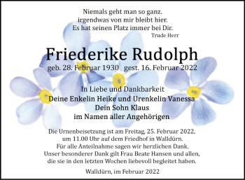 Traueranzeige von Friederike Rudolph von Fränkische Nachrichten