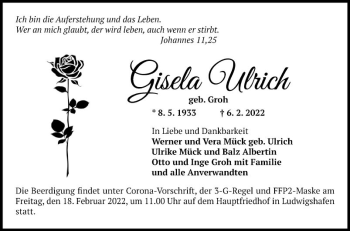 Traueranzeige von Gisela Ulrich von Mannheimer Morgen