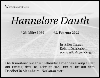Traueranzeige von Hannelore Dauth von Mannheimer Morgen