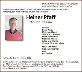 Traueranzeige von Heiner Pfaff von Fränkische Nachrichten