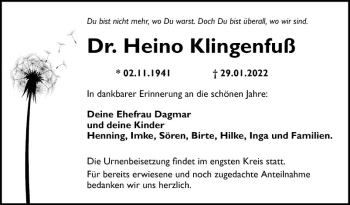 Traueranzeige von Heino Klingenfuß von Mannheimer Morgen