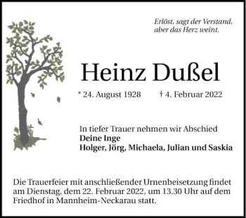 Traueranzeige von Heinz Dußel von Mannheimer Morgen