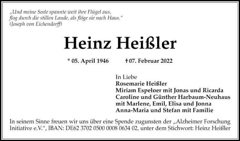 Traueranzeigen von Heinz Heißler | Trauerportal Ihrer Tageszeitung