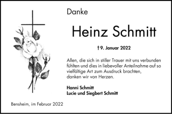 Traueranzeige von Heinz Schmitt von Bergsträßer Anzeiger