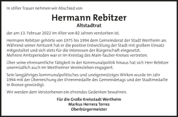 Traueranzeige von Hermann Rebitzer von Fränkische Nachrichten