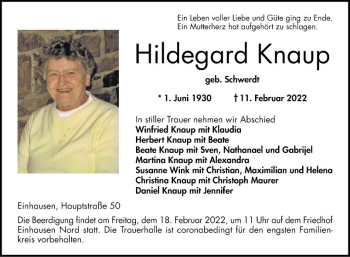 Traueranzeige von Hildegard Knaup von Bergsträßer Anzeiger