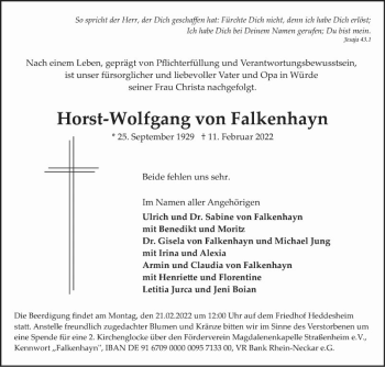 Traueranzeige von Horst-Wolfgang von Falkenhayn von Mannheimer Morgen